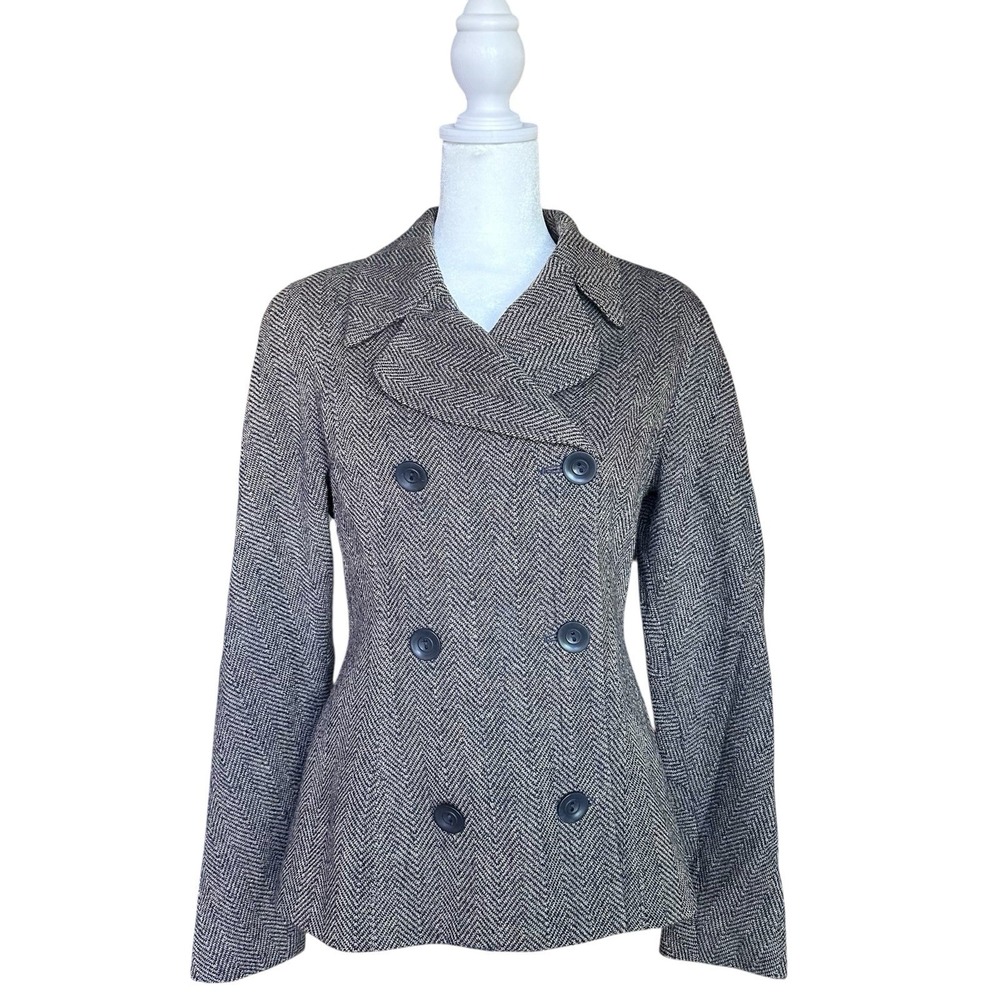 VTG Casual‎ Corner Wool Herringbone Academia Blazer Woman 4 Double Breasted Gray